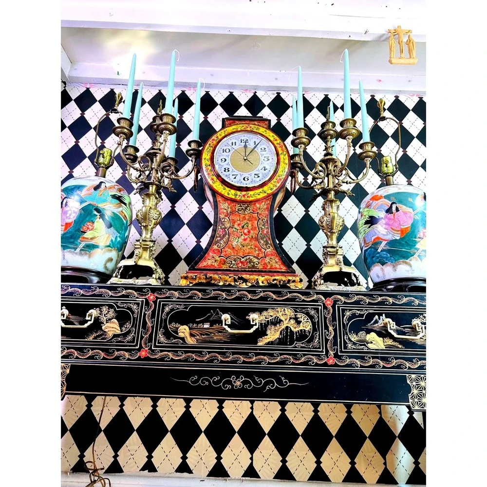 Oversized 2ft Tall Italian Florentine Style Mantel Clock Hand Painted